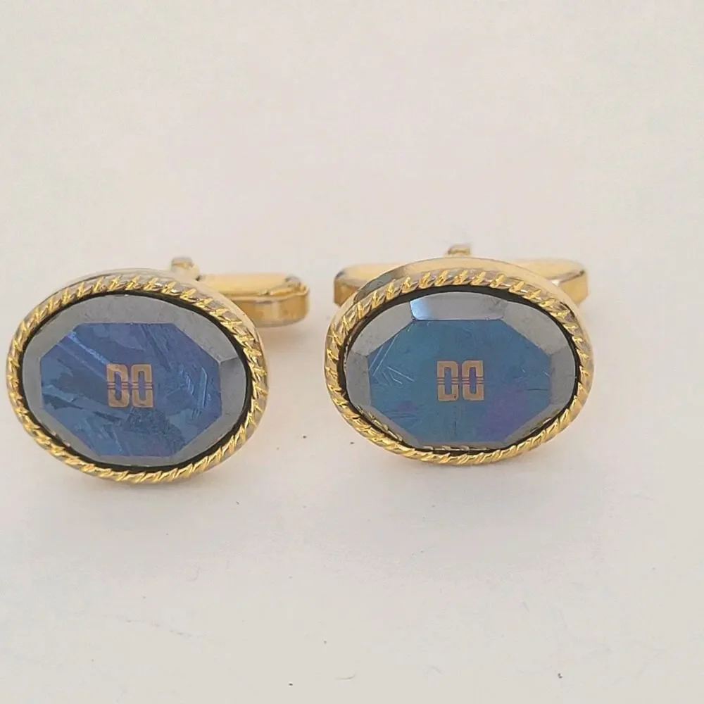 Unbranded Cufflinks Gold Blue Iridescent Stone Tone Rope Edges Vintage‎ Oval